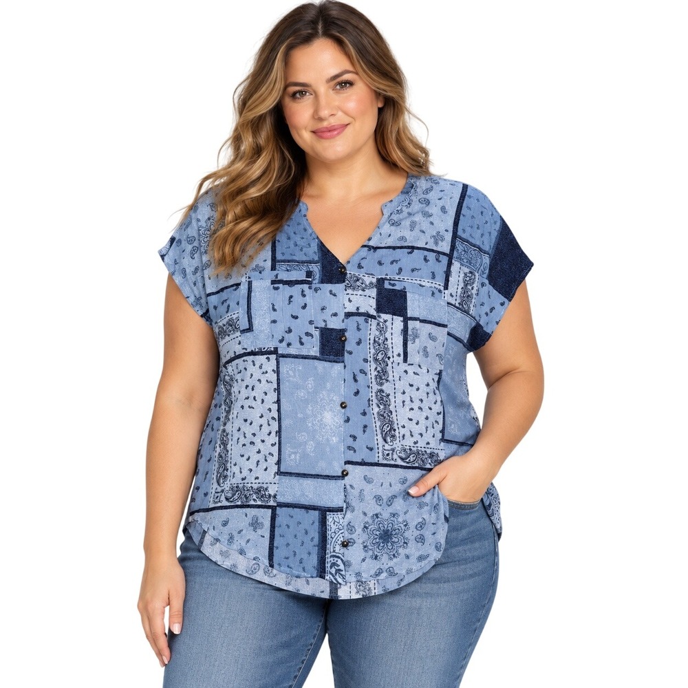 Maurices Blue Paisley Patchwork Button Front V-Neck Rayon Blouse XL